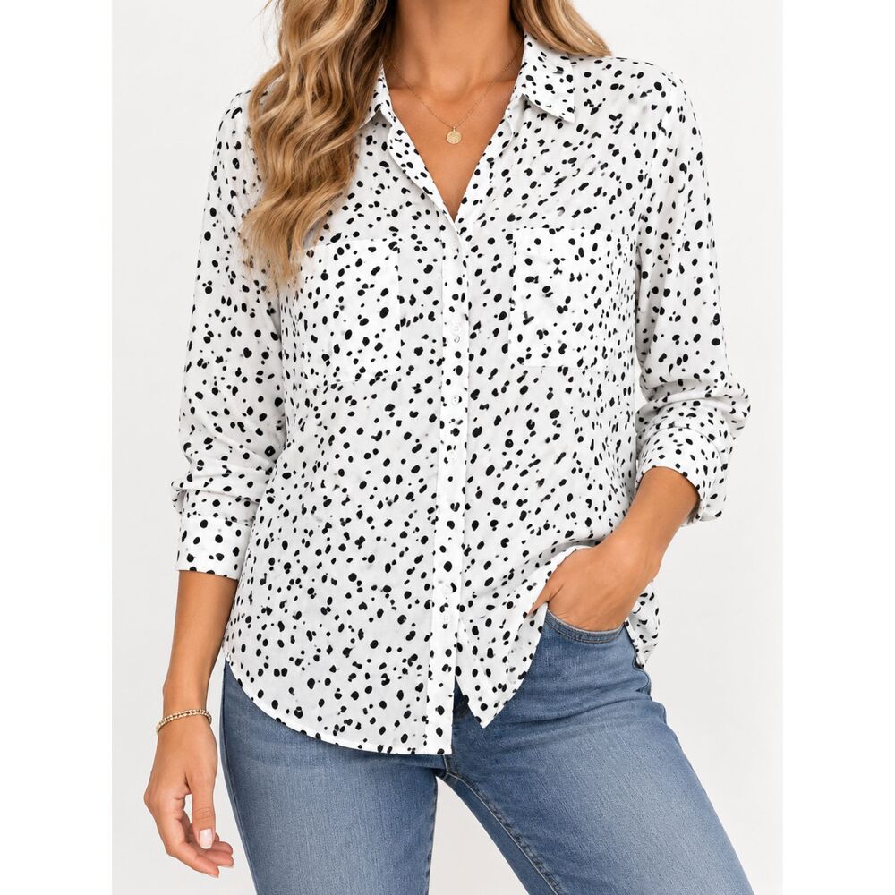 Emily Daniels XL Black White Spotted Button Down Rayon Blouse Coastal Office